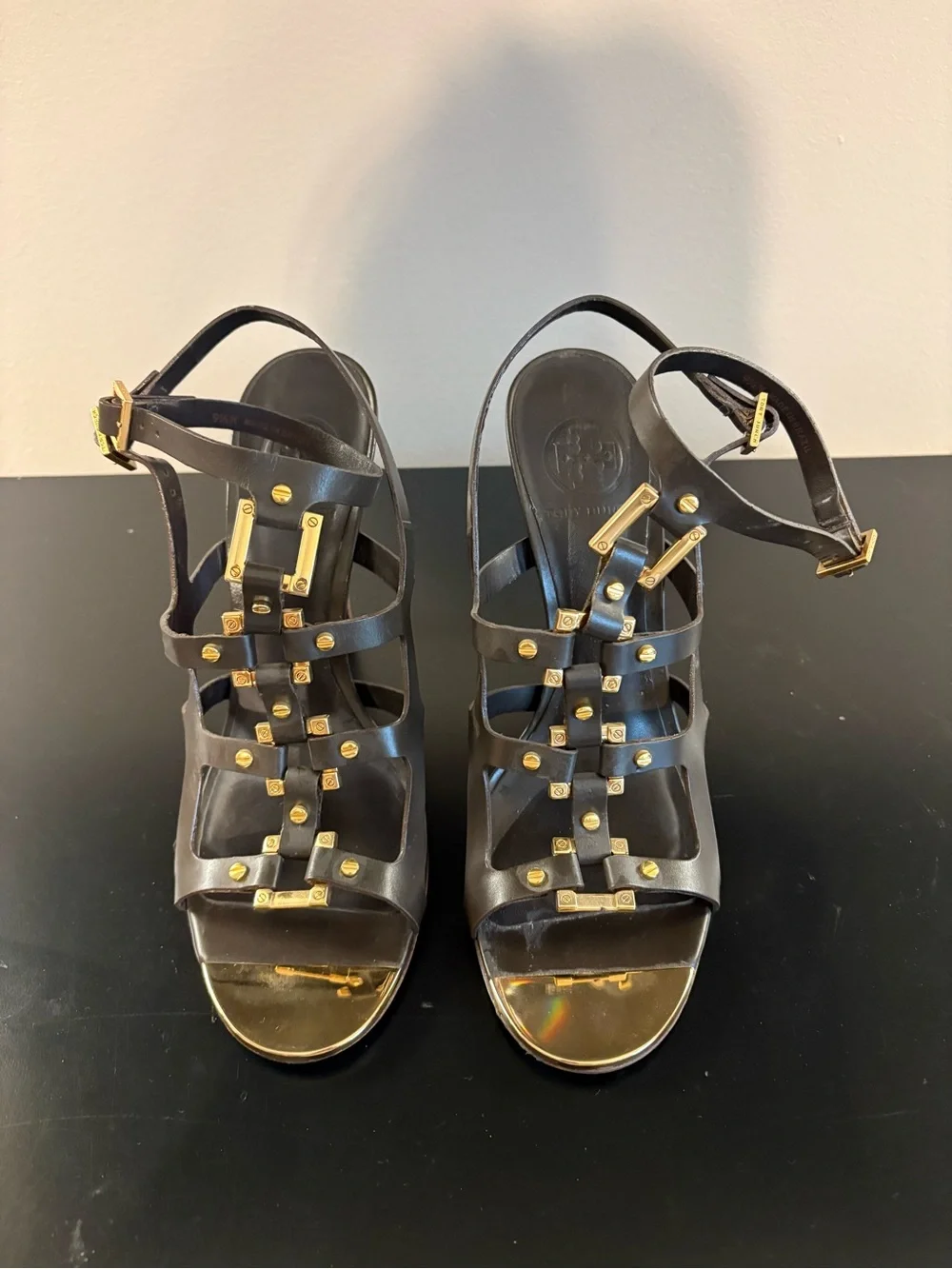 Tory Burch Black Leather Strappy Heels with Gold Hardware